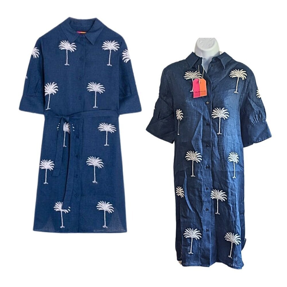 NWT VILAGALLO Hester Palm Tree Embroidered 100% Linen Shirt Dress Size 42/8